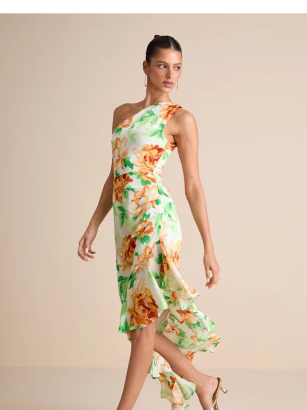 Lulu's One-Shoulder Floral Midi Dress in Yellow & Green